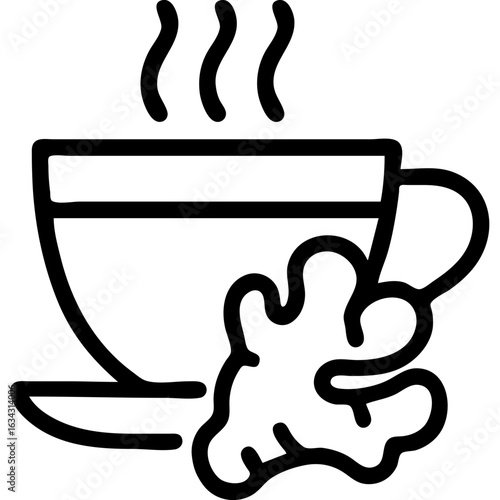 A cup of tea with a piece of ginger on top. The ginger is sliced and placed on the edge of the cup