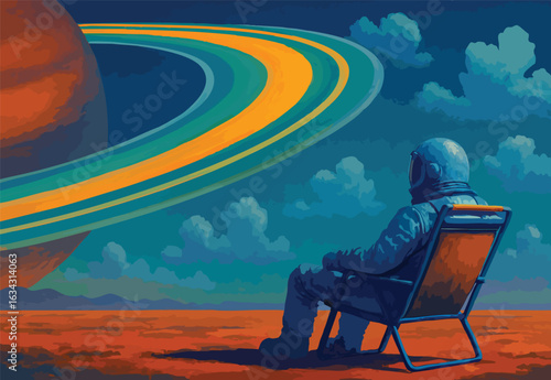 Astronaut Relaxing on Titan Watching Saturn’s Rings – Surreal Space Landscape Illustration