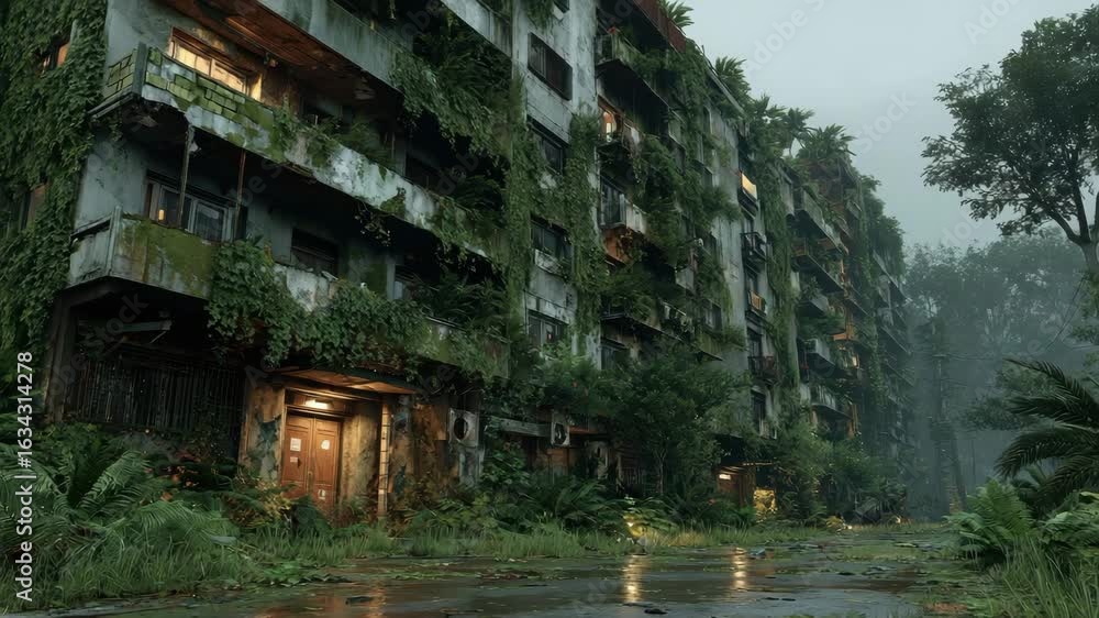Overgrown Apartment Building in a Rainy Jungle Setting Overgrown Apartment Building in a Rainy Jungle Setting