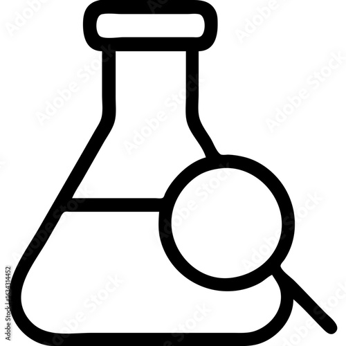 A black and white drawing of a glass beaker with a magnifying glass on top of it. The beaker is filled with a liquid, and the magnifying glass is positioned above it
