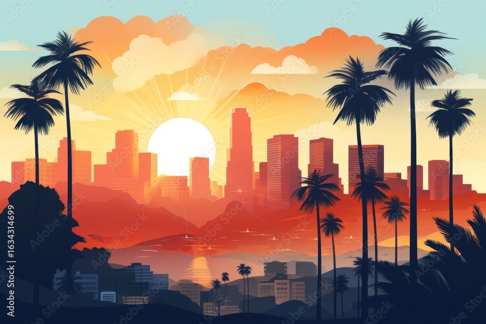 Fototapeta premium American city sunset landscape sunlight.