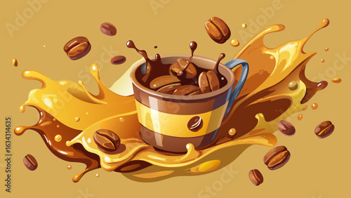 Splashing Coffee Cup with Beans Vector Art