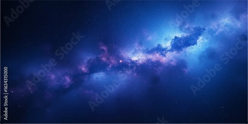 Abstract sky background with blue light rays, clouds, and a subtle sun