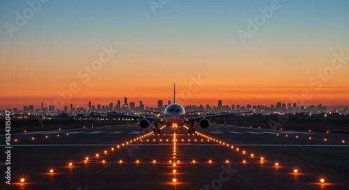 Commercial airplane approaching runway at dusk with city skyline illuminated in the background
