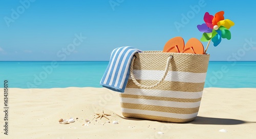 A striped beach bag with a towel, flip-flops, and a pinwheel sits on a sandy tropical shore.