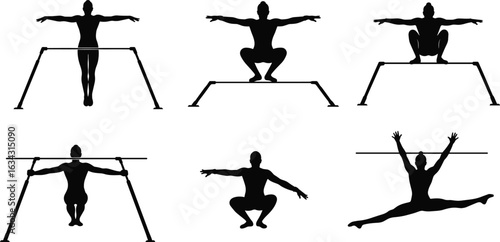 Female gymnast silhouettes on parallel bars, artistic gymnastics poses, strength balance flexibility, athletic training, body control exercise, sport motion vector, gymnastics routine illustration