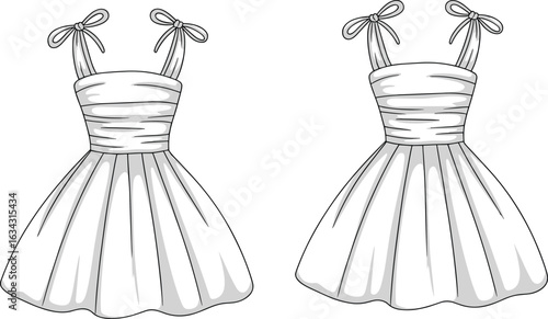 Girls' summer dress with bow tie straps, ruched bodice, pleated skirt, and flared silhouette flat fashion CAD illustration