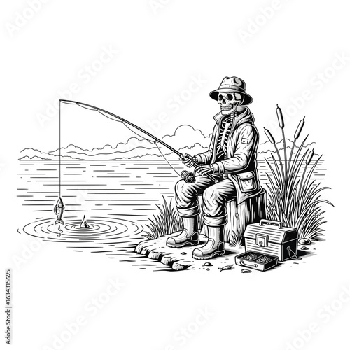 A skeletal figure sits patiently by a tranquil lake, fishing rod in hand, awaiting a bite.