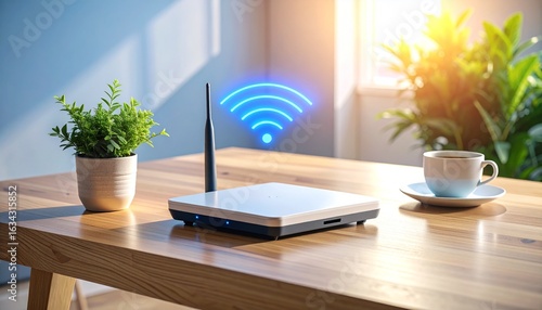 A modern Wi-Fi router with a glowing blue signal icon on a wooden desk, representing high-speed home internet and wireless connectivity.
