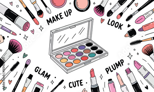 Hand-Drawn Makeup and Cosmetics Set Vector Illustration - A Collection of Beauty Products with a Makeup Palette, Brushes, and Lipsticks for Fashion and Spa Design