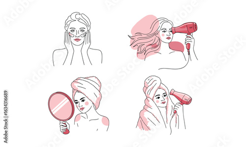 ector Hand-Drawn Skincare and Beauty Routine Illustration Set - A Collection of Woman Self-Care Activities like Facials, Hair Drying, and Mirror Reflections