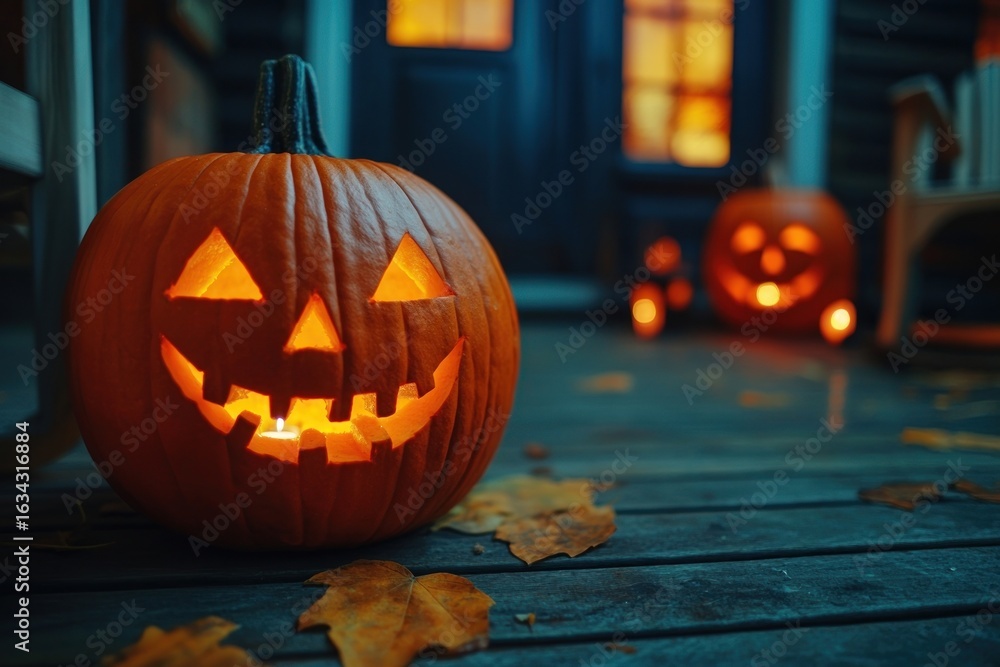 Fototapeta premium Glowing jack-o'-lanterns on porch