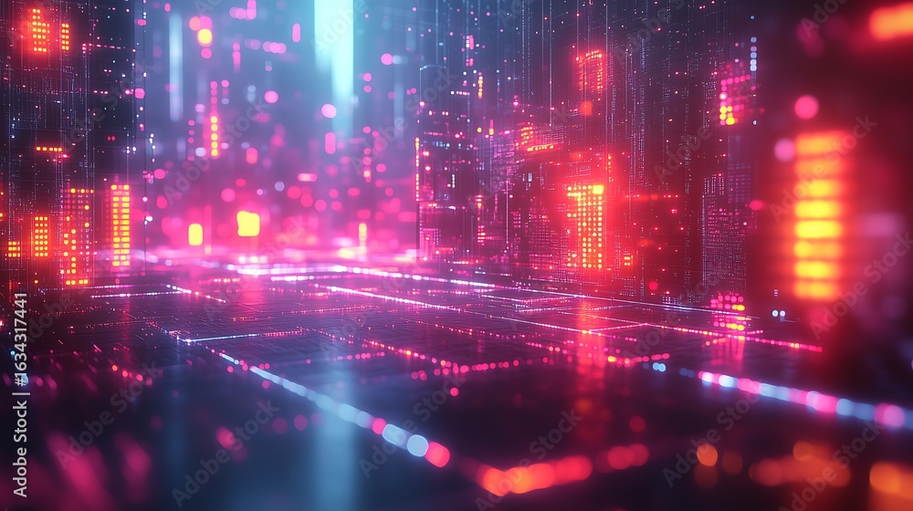 Fototapeta premium Futuristic Abstract Urban Landscape with Neon Lights in Pink, Red and Blue Tones