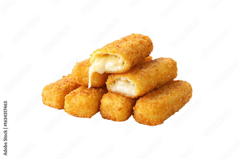 Golden breaded mozzarella sticks piled high with melted cheese oozing from crispy coating, isolated on a transparent background Golden breaded mozzarella sticks piled high with melted cheese oozing from crispy coating, isolated on a transparent background