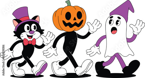 Spooky Halloween Cartoon Characters Vector Illustration - A Playful Black Cat, Jack-O'-Lantern, and Ghost in a Retro 1930s Style for Festive Holiday Designs