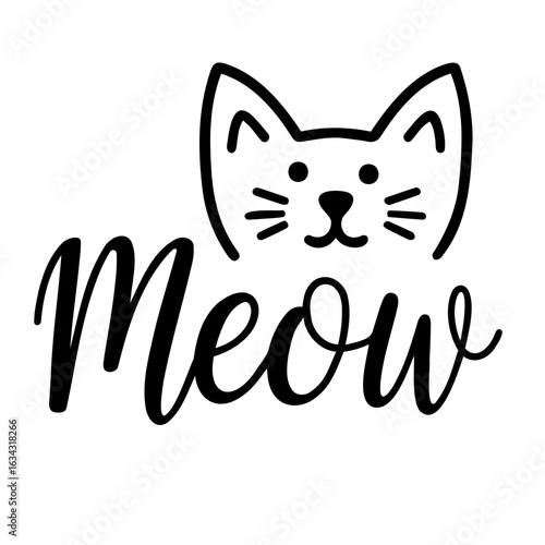Illustration of a cat face above the word meow in a cursive font style in black and white colors