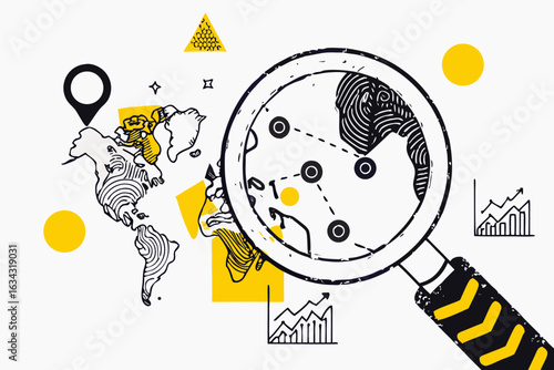 Global data analysis with magnifying glass over a world map, and graphs, black and white vector illustration with yellow accents.

