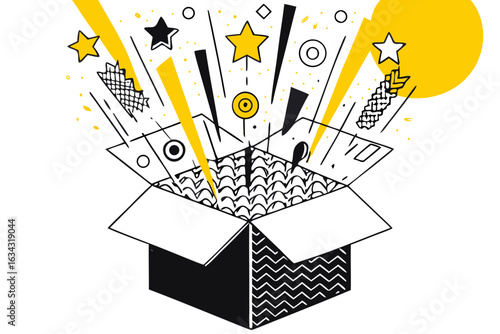 Open cardboard box with abstract shapes, stars, and lines exploding out, a black and white vector illustration with yellow accents.

