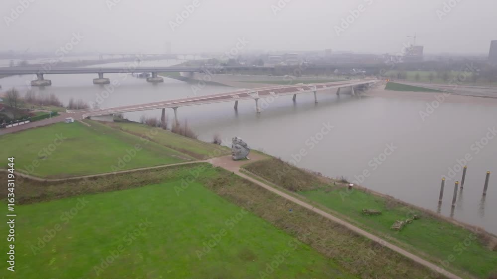 Aerial Orbit View of Gezicht van Nijmegen Sculpture and Skyline Aerial Orbit View of Gezicht van Nijmegen Sculpture and Skyline