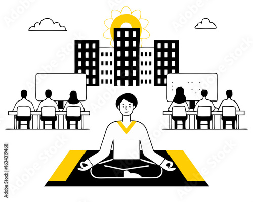 Balancing Work Life and Meditation in Modern Business Environment. A vector illustration showing a person meditating in the foreground, with an office building and employees working on computers 