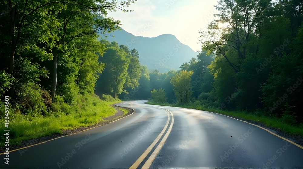 Obraz premium Scenic Empty Winding Road in the Forest with Mountain View – Peaceful Nature Landscape with Morning Light, No People, High-Quality Photorealistic Stock Photo for Travel and Adventure Concepts