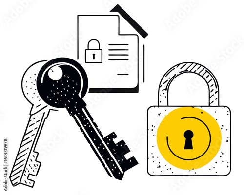 Document access security with keys and a padlock, symbolizing data protection, confidentiality, and private information safety.

