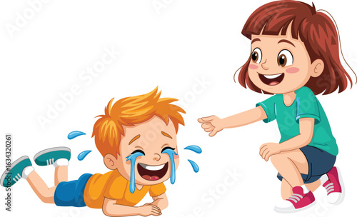 Laughing cartoon kids, happy boy and girl giggling, fun moment illustration, emotional children, rolling on floor, joyful laughter scene.