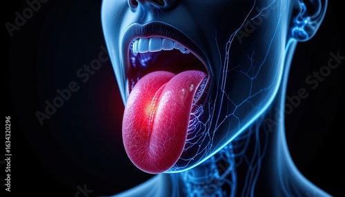 Close-up view of a detailed medical illustration of a tongue with inflammation.
