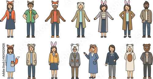 Cartoon characters wearing animal ears and hooded costumes standing in a row on white background