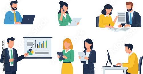 Illustration of business professionals working with technology and presentations at the office