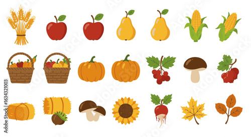 Autumn harvest icons flat vector set with fruits and vegetables