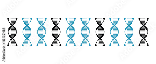 A horizontal line of eight stylized DNA helix structures arranged in a repeating pattern against a white background.