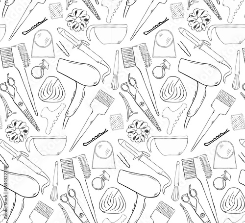 barbershop beauty background Hair Salon seamless pattern. Vector graphic line ink illustration. Silhouette sign for print, comics, fashion, pop art, boards, design, stickers, decoration, posters