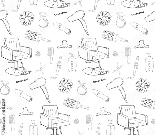 hairdresser or barber elements Hair Salon seamless pattern. Vector graphic line ink illustration. design for fashion graphics, textile prints, fabrics, wallpapers.
