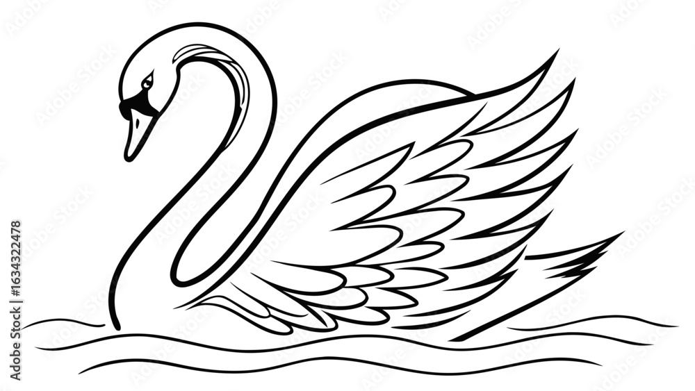 Fototapeta premium : Minimal black line art of swan gliding in water, calm and elegant animal vector for wellness, logo, or spa branding