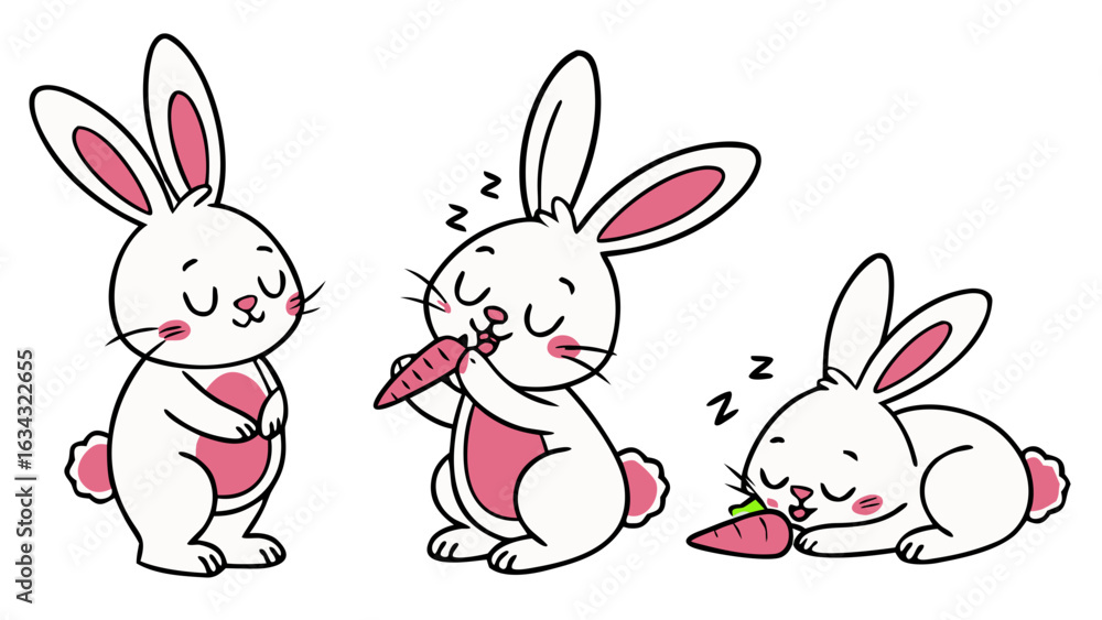 Fototapeta premium Cute Bunny Vector – Smiling Rabbit in Flat Cartoon Kawaii Style with Carrot, Perfect for Kids Books and Apps
