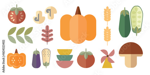 Set of autumn icons in flat geometric style. Leaves, berries, mushrooms, nut, pumpkin, vegetables. Collection of flat icons. Vector illustration.