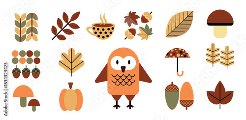 Set of autumn icons in flat geometric style. Leaves, berries, mushrooms, nut, pumpkin, vegetables. Collection of flat icons. Vector illustration.