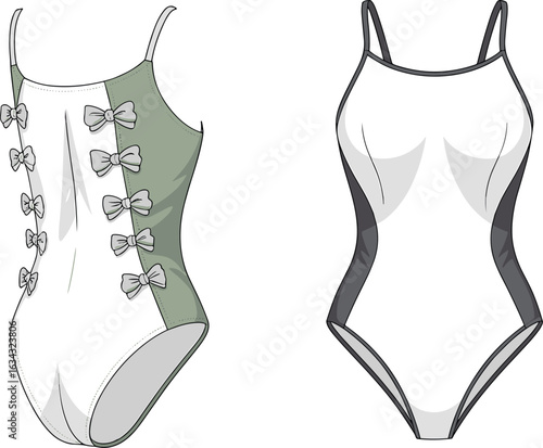 One-piece swimsuit fashion CAD flat sketch, bow detail and panel design swimwear vector illustration for fashion designers and manufacturers