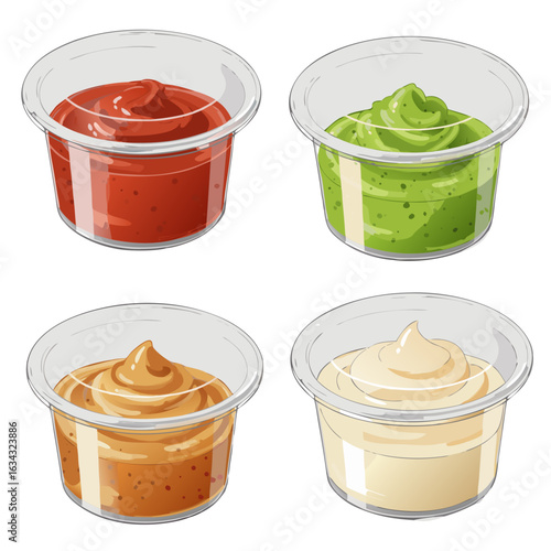 Sauce set including ketchup, wasabi, mustard, and mayonnaise in portion cups on transparent background
