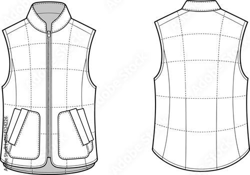 Puffer vest fashion CAD flat sketch, front and back technical drawing, sleeveless quilted outerwear vector template for garment design