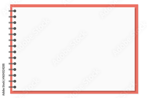 Flat design vector illustration of a horizontal notebook page template with red border and black spiral binding (赤い枠と黒いリング綴じが特徴の横向きノート用紙テンプレートのフラットデザインベクターイラスト)
