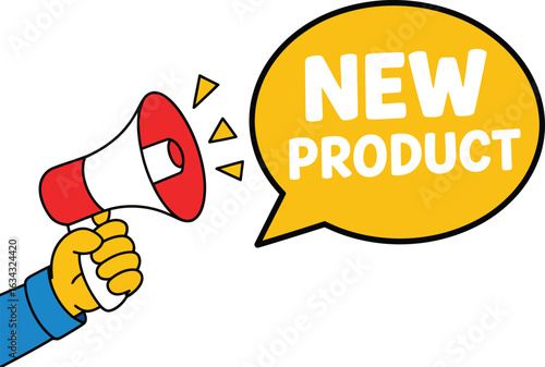 Cartoon hand holding megaphone announcing new product with speech bubble announcement