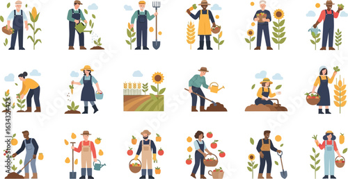Collection of vector illustrations of farmers tending to crops and harvesting produce in a field