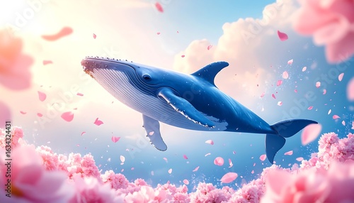 Whale soaring amidst cherry blossoms