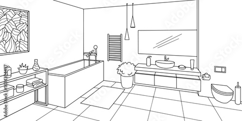 Bathroom graphic home interior black white sketch illustration vector 