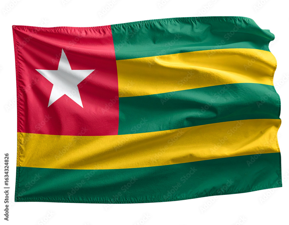Obraz premium Togo Flag Draped in Wind with Dramatic Lighting on White Star, Transparent PNG