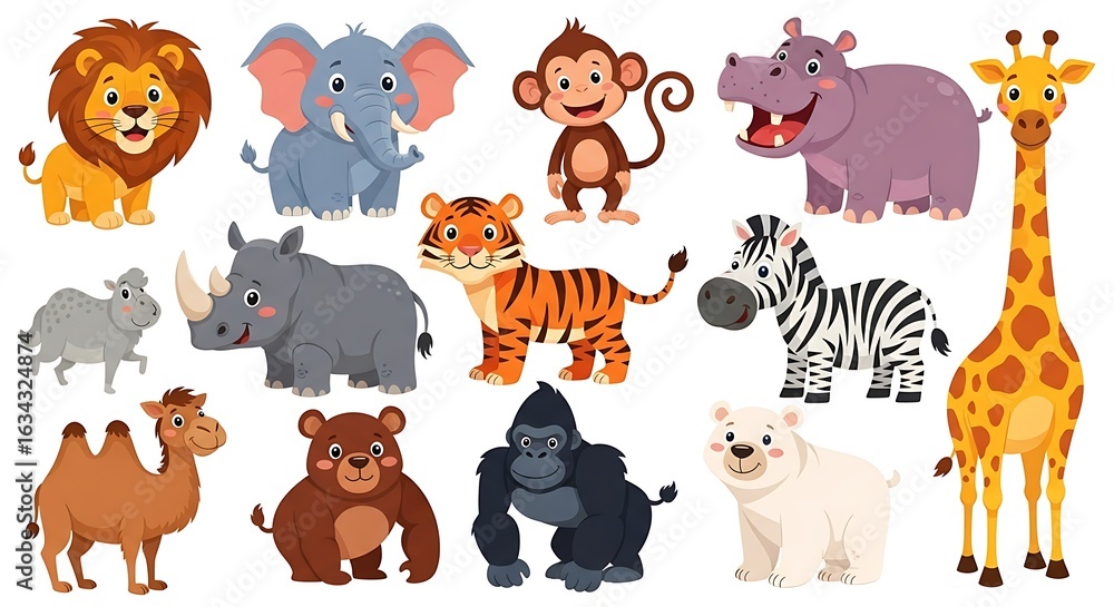 Fototapeta premium A cute cartoon collection of wild animals like a lion, bear, and giraffe
