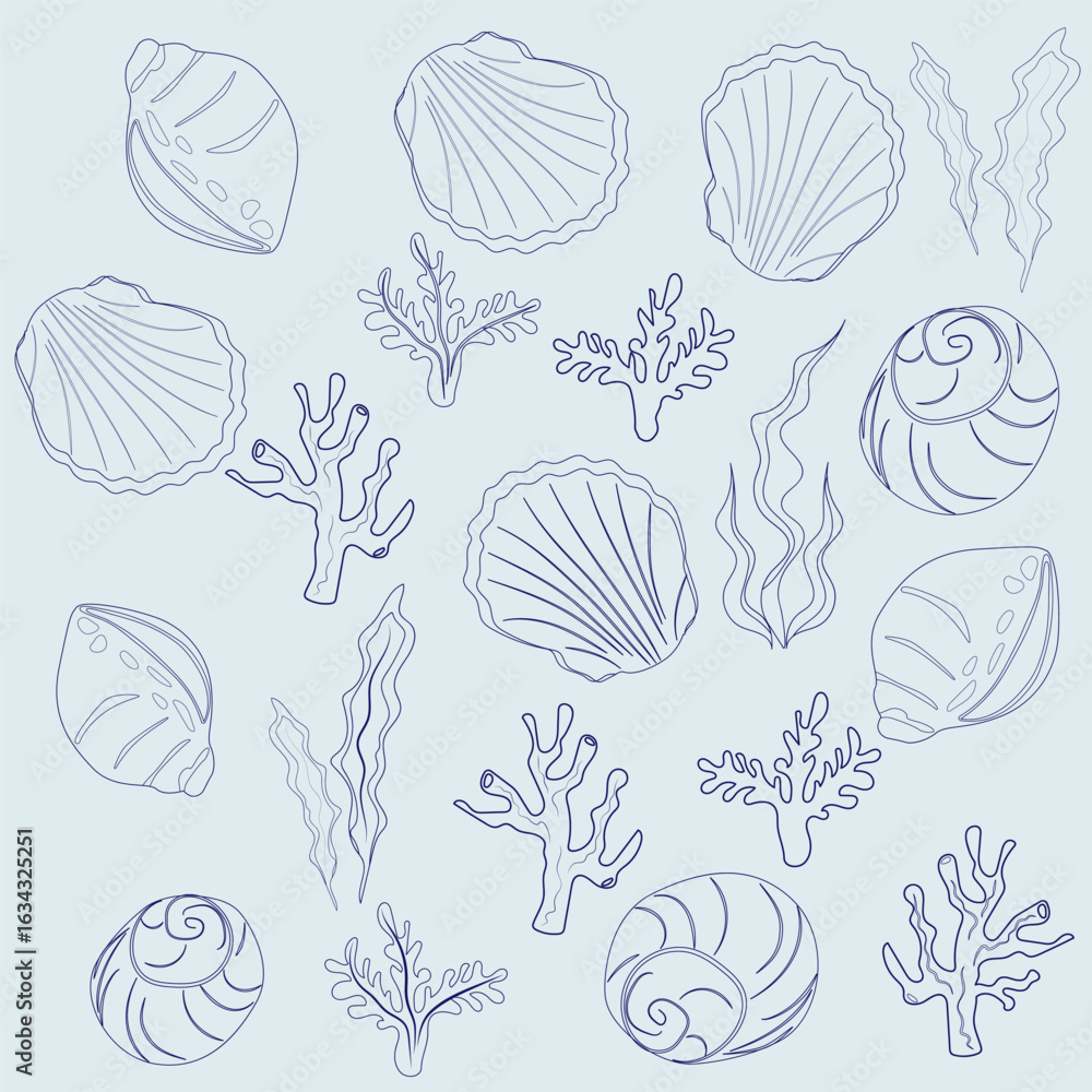 custom made wallpaper toronto digitalSet of transparent skickers of shells and seaweed. Coloring children's sea world. Contour of shells drawn by hand