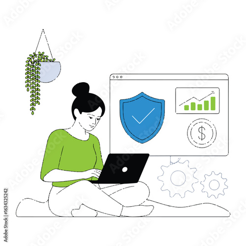 A minimalist line art illustration in a modern digital style showing a person working from home.  